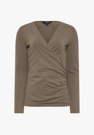 Langärmliges Wickeltop in Olivgrün, aus weichem Stoff mit gerafften Details an der Seite, verfügt über ein tiefes V-Ausschnitt-Design.