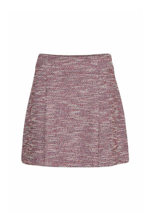 Ein kurzer Rock aus lila und weißem Tweed mit geradem Schnitt, der ein strukturiertes Muster und einen sauberen Saum aufweist, entworfen für eine taillierte Passform.