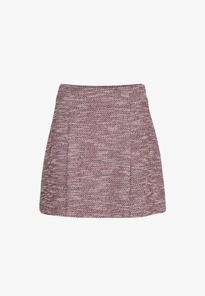 Una corta gonna in tweed viola e bianca con taglio dritto, caratterizzata da un motivo testurizzato e orlo pulito, progettata per una vestibilità su misura.