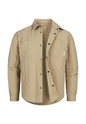 Beige quiltet skjorte med lange ærmer, knaplukning foran, spids krave, to brystlommer og sorte trykknapper.