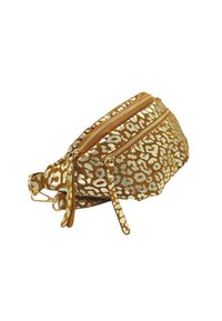 Sac banane doré et beige avec un motif léopard, comportant deux compartiments zippés et une sangle en tissu pour un maintien sécurisé.