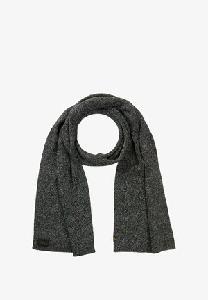Donkergrijze sjaal van gestructureerd breimateriaal met een lusvormig ontwerp. Heeft een klein merklabel aan één uiteinde.