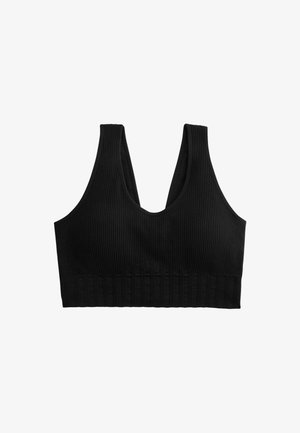 Juodas raštuotas bralette su giliu V kaklu, plačiomis petnešomis ir tekstūruota elastinga juosta apačioje, sukurtas komfortui ir palaikymui.