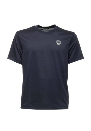 T-shirt blu navy a maniche corte realizzato in materiale sintetico liscio, con un piccolo logo sul lato sinistro del petto e un collo girocollo.