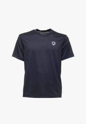 T-shirt blu navy a maniche corte realizzato in materiale sintetico liscio, con un piccolo logo sul lato sinistro del petto e un collo girocollo.