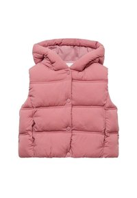 Vesta căptușită, fără mâneci, de culoare roz prăfuită, cu glugă. Prezintă închidere cu nasturi și o textură matlasată. Fabrică moale cu secțiuni orizontale.