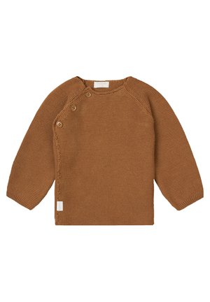 Brauner gestrickter Pullover mit langen Ärmeln, verfügt über Knopfdetails an der Schulter und eine weiche Textur. Etikett befindet sich nahe dem Saum.