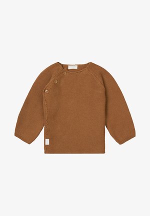 Brauner gestrickter Pullover mit langen Ärmeln, verfügt über Knopfdetails an der Schulter und eine weiche Textur. Etikett befindet sich nahe dem Saum.