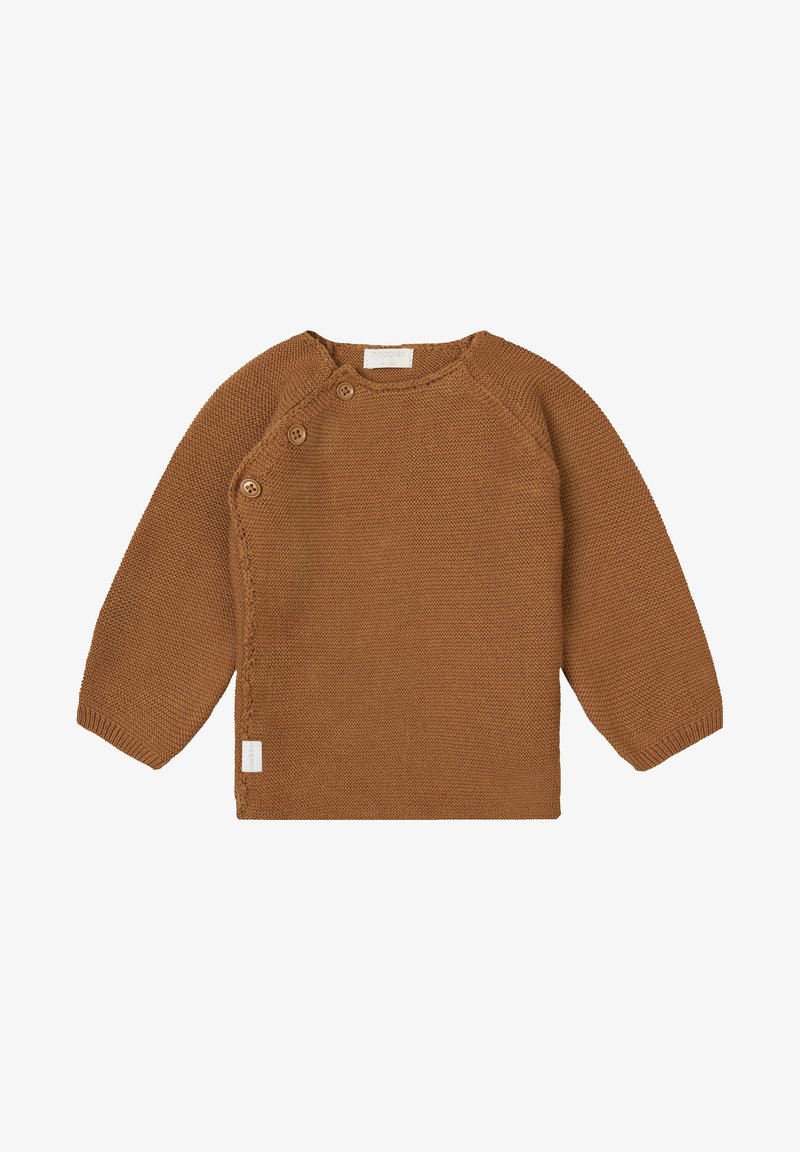 Bruine gebreide trui met lange mouwen, met knoopaccenten op de schouder en een zachte textuur. Label bevindt zich bij de zoom.
