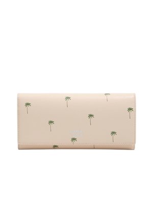 Cartera rectangular beige con pequeños estampados de palmeras verdes y texto sutil del nombre de la marca en el centro delantero.