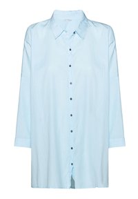 Light blue button-up shirt made of soft fabric, featuring a collar, long sleeves, black buttons down the front, and an oversized fit.