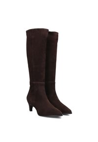 Bruine suède knie-hoge laarzen met een spitse neus en een hak van 5 cm. Heeft een eenvoudig ontwerp, een gladde textuur en geen zichtbare hardware.
