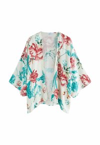 Ziedu kimono jaka krēmkrāsā ar rozā un zaļiem ziediem, viegla auduma, atvērta priekšpuse, plašas piedurknes, bez aizdariem un brīvi pieguļoša.