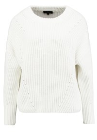 Maglione bianco a maglia con texture a coste, scollatura rotonda e spalle cadenti, con dettagli sottili lungo le cuciture.