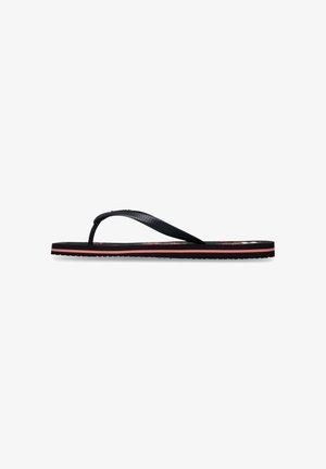Black flip-flop sandal with thin straps, textured upper, and a durable rubber sole featuring a red accent stripe along the edge.