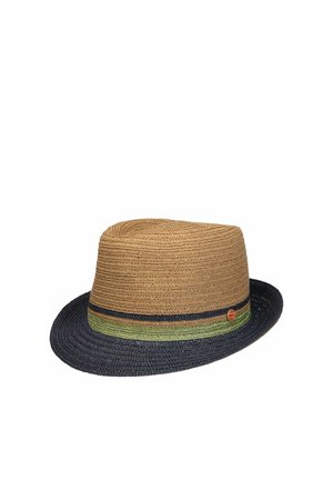 Brown and navy woven fedora hat with green and navy striped band and small round red logo on the side.