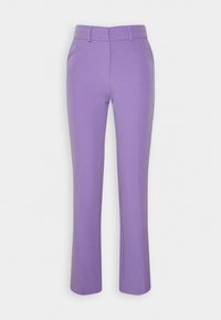 Raka lila byxor med bälteshål och dold framknäppning, visade mot en enfärgad vit bakgrund.