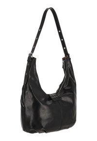 Geantă de umăr din piele neagră, cu un design lejer, având închidere cu fermoar, accesorii din argint și accente decorative cu tăieturi pe partea din față.