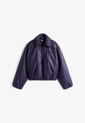 Ljubičasti skraćeni pufer kaput s visokim ovratnikom, prednjim zatvaračem i dugim, voluminoznim rukavima. Glatka, sjajna tekstura s detaljem loga.