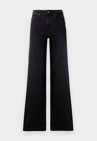 Jeans de mezclilla de pierna ancha en negro, con una cintura alta, bolsillos frontales y detalles en costura amarilla. Textura suave, corte moderno.