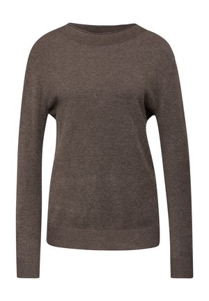 Pull en maille marron avec des manches longues, un col rond et des poignets et un ourlet côtelés. Texture douce et coupe classique.