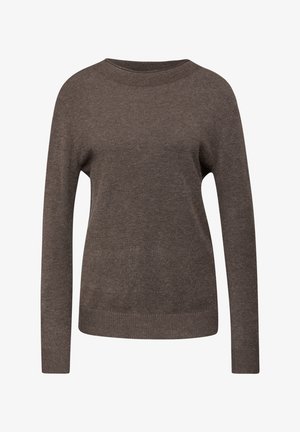 Suéter de punto marrón con mangas largas, cuello redondo y puños y dobladillo acanalados. Textura suave y corte clásico.