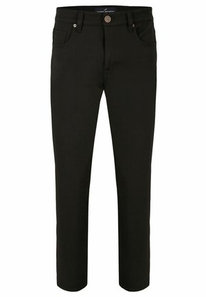 Schwarze Hose mit einer figurbetonten Passform, hergestellt aus glattem Stoff. Sie verfügt über einen Frontknopf und einen Reißverschluss, zwei Seitentaschen und minimale Nähte.