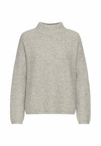 Jasnoszary sweter dziany z wysokim kołnierzem, teksturowanym wzorem w romby i długimi rękawami. Luźny krój z prążkowanymi mankietami i dołem.