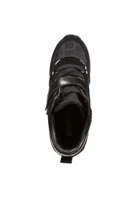 Black athletic shoe with a textured upper, featuring laces and a Velcro strap. Rounded toe and cushioned insole for comfort.