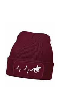 Maroon knit beanie with a ribbed texture. Features a white printed design of a heartbeat and a horse with rider on a rectangular patch.