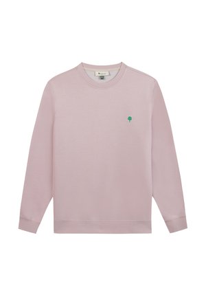 Sweat-shirt rose clair à manches longues avec col rond, petit logo d'arbre vert sur le côté gauche de la poitrine, et poignets et ourlet côtelés.