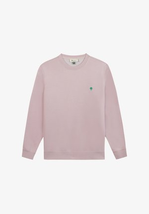 Sweat-shirt rose clair à manches longues avec col rond, petit logo d'arbre vert sur le côté gauche de la poitrine, et poignets et ourlet côtelés.