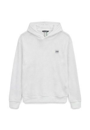 Felpa con cappuccio bianca a rete a maniche lunghe con logo sulla tasca anteriore e polsini e orlo a coste, mostrata su sfondo bianco.