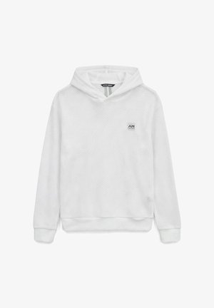 Felpa con cappuccio bianca a rete a maniche lunghe con logo sulla tasca anteriore e polsini e orlo a coste, mostrata su sfondo bianco.