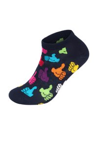 Navy-Ankelsocke mit bunten Hand-Icon-Mustern in Pink, Grün, Blau, Orange und Gelb. Weicher Stoff mit geripptem Bündchen.