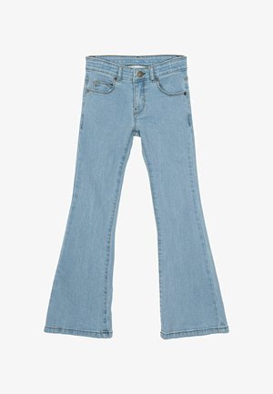 Hellblaue Schlagjeans aus Denim. Sie haben eine taillierte Taille, frontale Taschen und einen Knopfverschluss. Der Stoff hat eine weiche Textur.