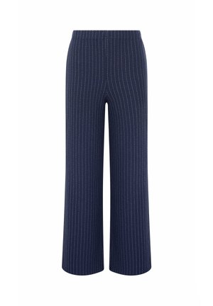 Pantaloni navy a gamba larga con sottili righe verticali bianche e vita elastica, mostrati su uno sfondo bianco.