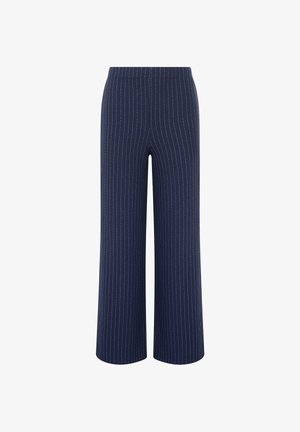Pantaloni navy a gamba larga con sottili righe verticali bianche e vita elastica, mostrati su uno sfondo bianco.