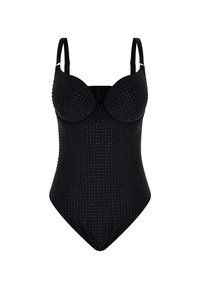 Costume da bagno intero nero con design delle coppe strutturato, superficie testurizzata con piccole punteggiature in rilievo e spalline regolabili.