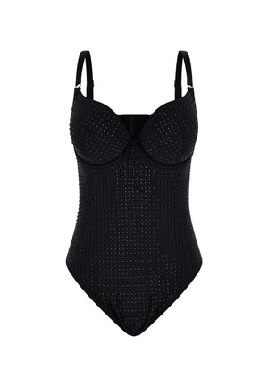 Costume da bagno intero nero con design delle coppe strutturato, superficie testurizzata con piccole punteggiature in rilievo e spalline regolabili.