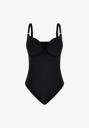 Black one-piece swimsuit with a structured cup design, textured surface featuring small raised dots, and adjustable shoulder straps.