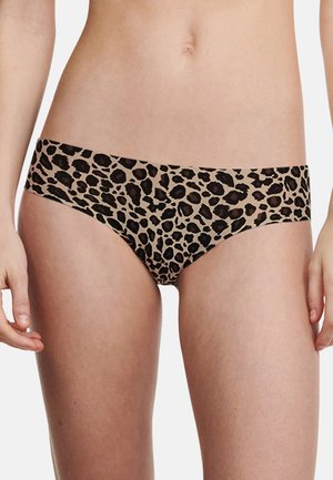 Leopardprint bikini-trusser i beige og sort med sømløs design og blød elastisk talje for komfort.