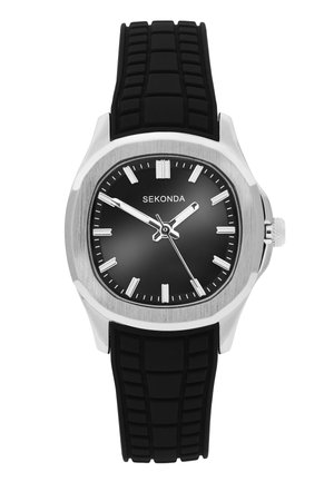 Sekonda-Armbanduhr mit schwarzem Zifferblatt, silbernen Stundenmarkierungen, silbernem Gehäuse und schwarzem strukturiertem Silikonarmband, zeigt die Uhrzeit 10:10:25 an.