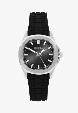 Sekonda wristwatch with black dial, silver hour markers, silver case, and black textured silicone strap showing 10:10:25 time.