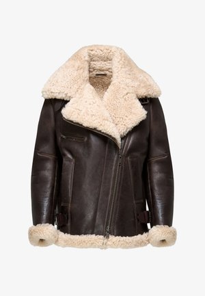 Brown leather jacket with a plush cream shearling collar and cuffs, featuring a diagonal zipper and two front pockets. Textured finish.