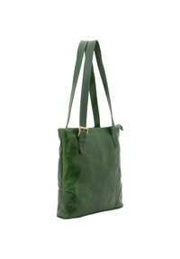 Groene leren tote bag met lange, platte hengsels en een rechthoekige vorm. Heeft een zachte textuur en een minimalistisch ontwerp, accenten van goudkleurig beslag.
