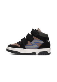 Hochschaft-Sneaker mit schwarzem Wildleder-Obermaterial, grauen und blauen Akzenten, drei Klettverschlussriemen, strukturiertem Stoff und einer weißen Gummizwischensohle.