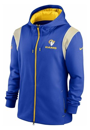 Sweat à capuche zippé bleu et jaune des Los Angeles Rams avec le logo de l'équipe sur la poitrine, un patch NFL sur la manche et le swoosh Nike sur la manche opposée.