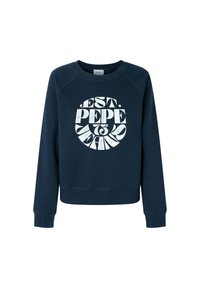 Felpa blu navy realizzata in cotone misto, con una grande grafica bianca con la scritta "EST. PEPE JEANS" in testo circolare sul davanti.