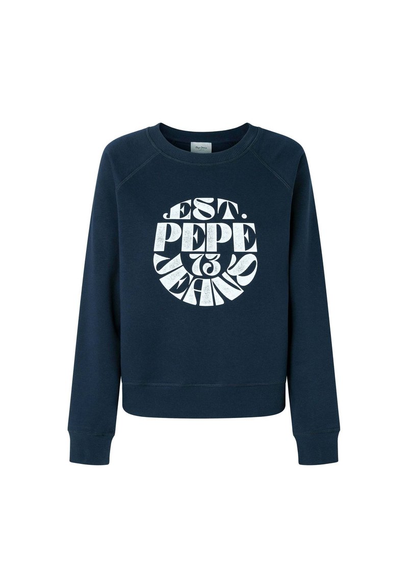 Sweatshirt bleu marine en mélange de coton, avec un grand graphisme blanc "EST. PEPE JEANS" en texte circulaire sur le devant.